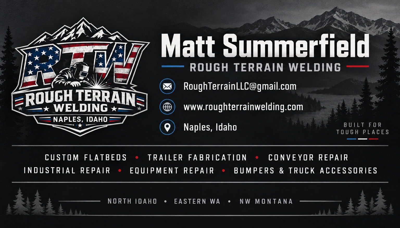 Rough Terrain Welding business card with mountain landscape and brand details