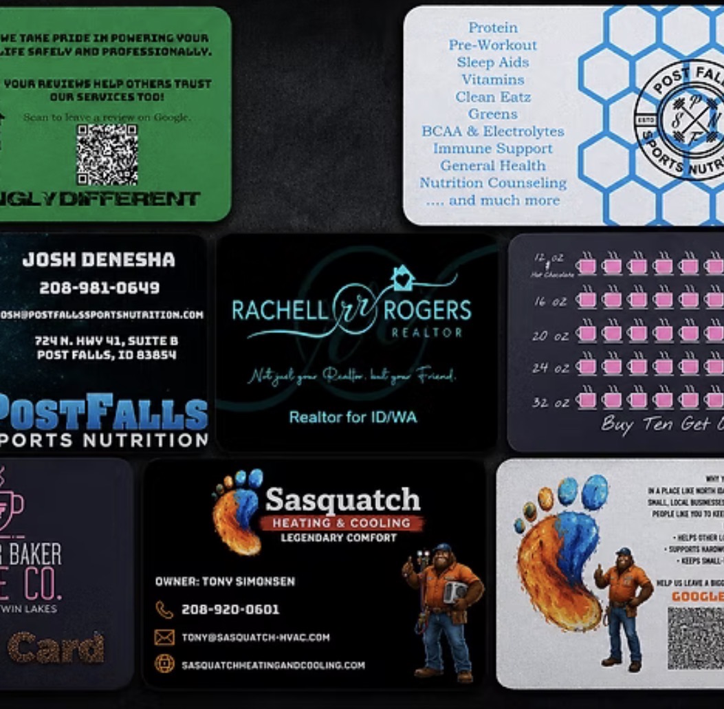 Collage of business card designs created for local businesses