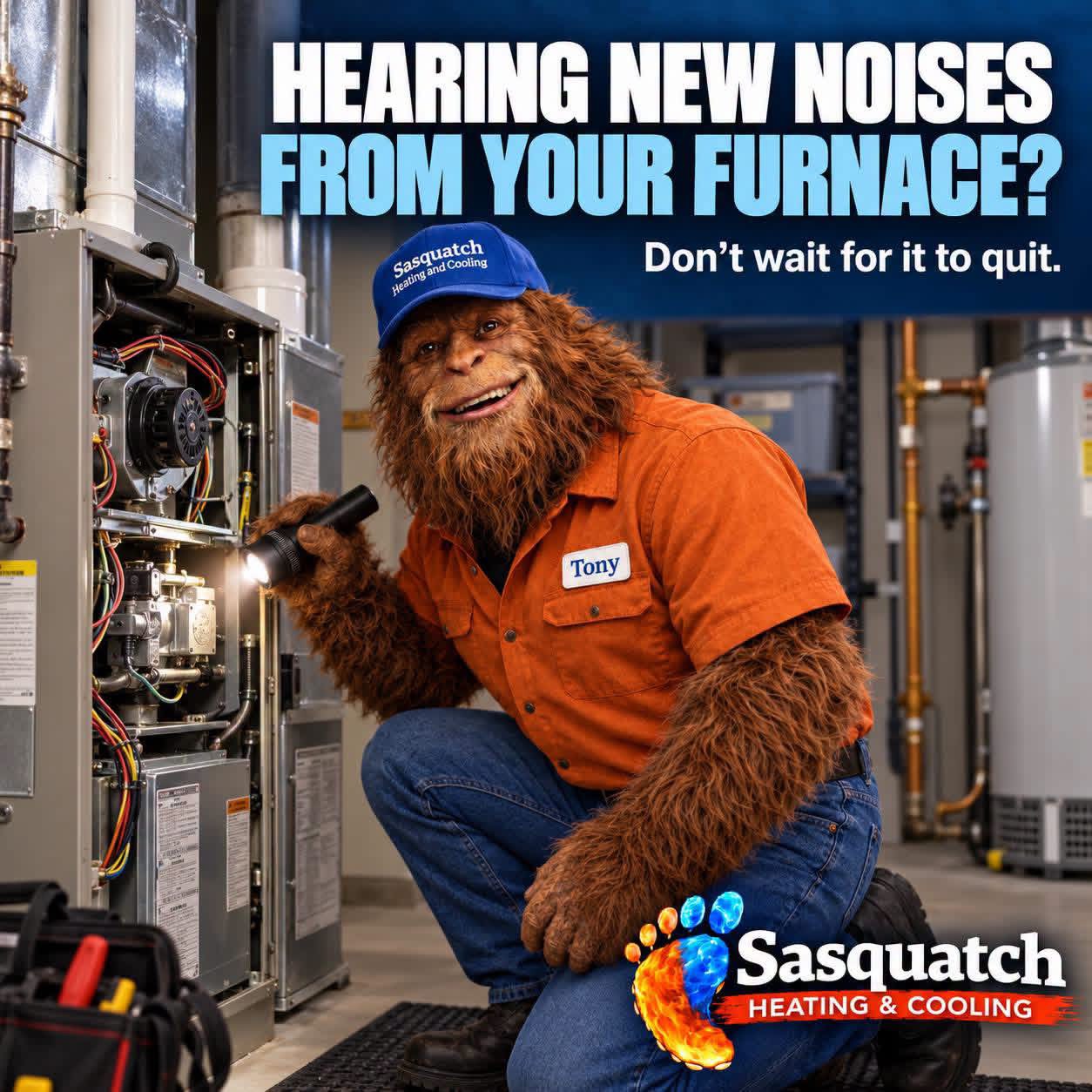 Sasquatch Heating and Cooling van outside a local property