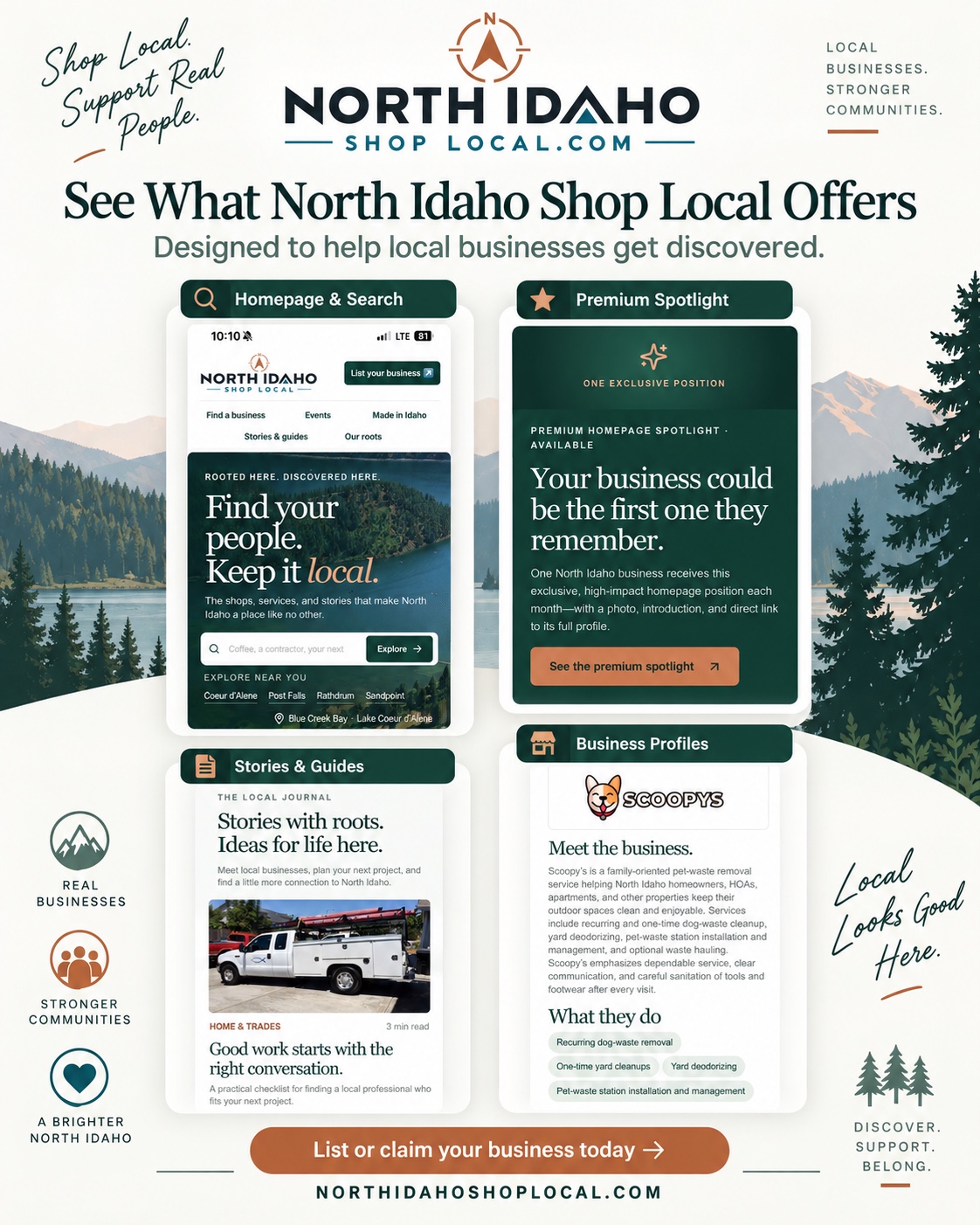 North Idaho Shop Local website concept showing its homepage, stories, business profiles, and spotlight