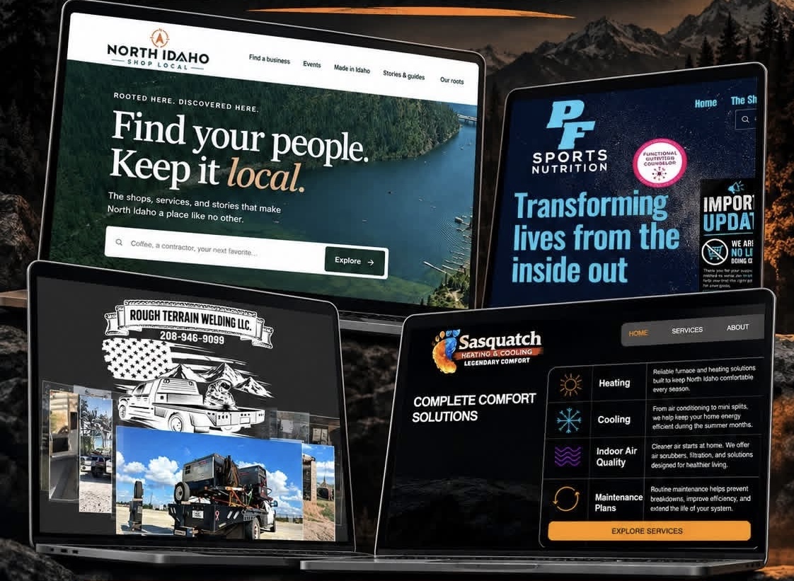 Four website projects by Baer Paw Marketing shown on laptop screens